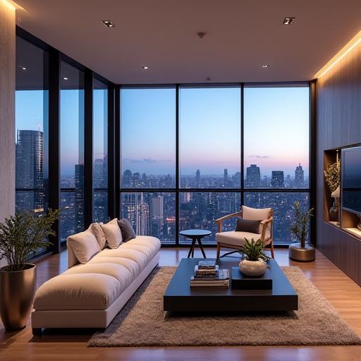 Interior of a modern South Yarra penthouse with floor-to-ceiling windows.
