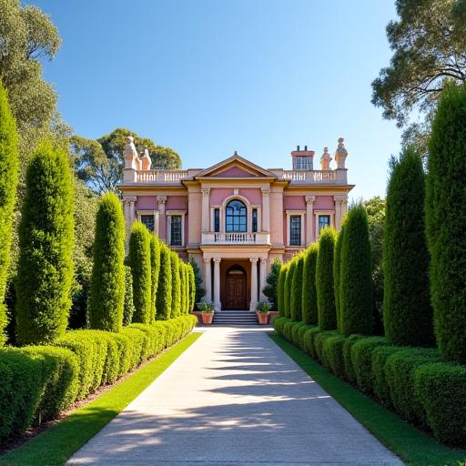 Exterior of a grand Toorak residence with manicured gardens.
